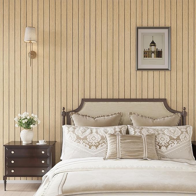 VEELIKE Light Oak Wood Wall Panels Peel and Stick Foam Slat Wallpaper