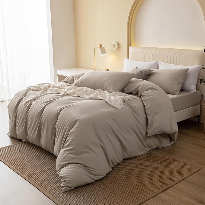JIYUAN 100% Washed Cotton Duvet Cover Set 3 Pieces King, 1 Duvet Cover 104x90 Inches(Comforter Not Included) and 2 Pillowcases,Linen Feel Bedding Set Comfy and Breathable, Heathered Tannish Linen Grey