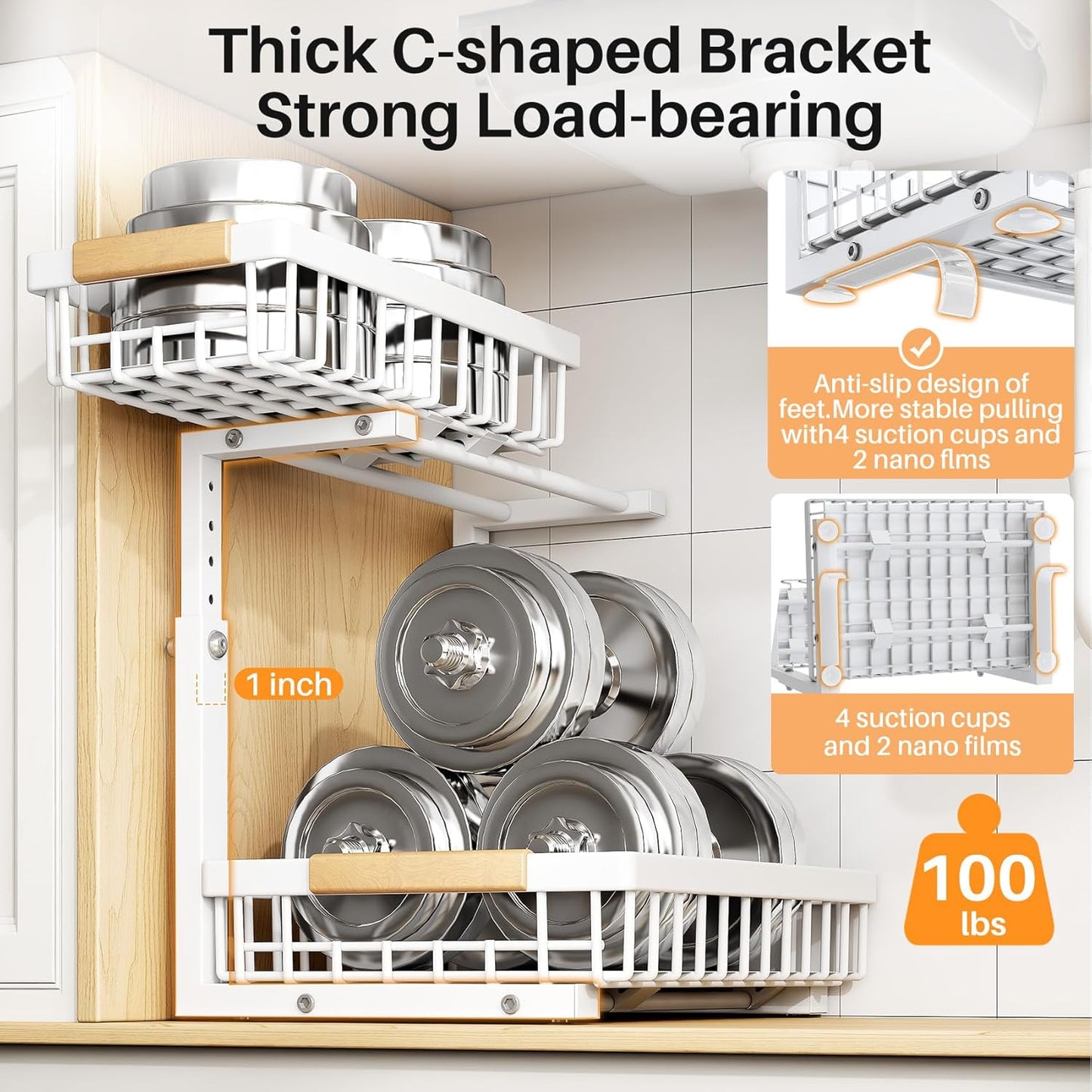 PXRACK 2 Pack Under Sink Organizer,Adjustable Height,2 Tier Pull Out Under Cabinet Organizer,Slide Out Thickened Metal Under Sink Storage for Kitchen Bathroom Laundry Cabinet Pantry,White(S)