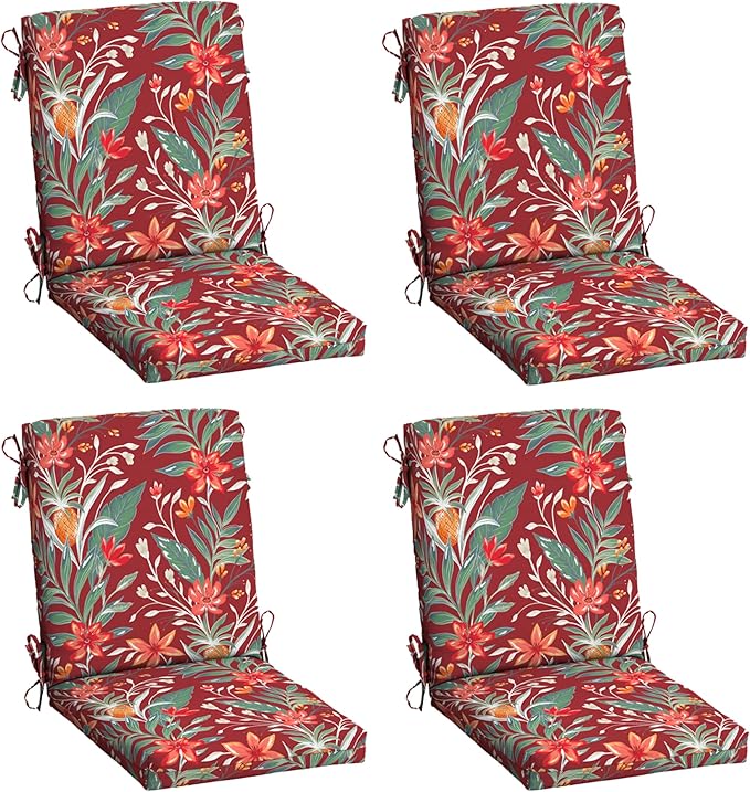 Arden 4-Pack earthFIBER Outdoor Patio Dining Chair Cushion, 20x44, Rain-Proof Seat Pad, Fade-Resistant Outdoor Cushion Luau Red Tropical Floral