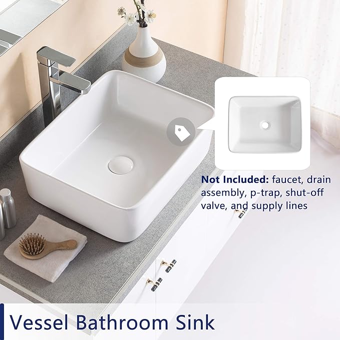 DeerValley Vessel Sink Rectangle 19"x15" Bathroom Sink, White Ceramic Rectangular Sink Above Counter Porcelain Art Basin,19 Inch Bathroom Sinks, DV-1V031