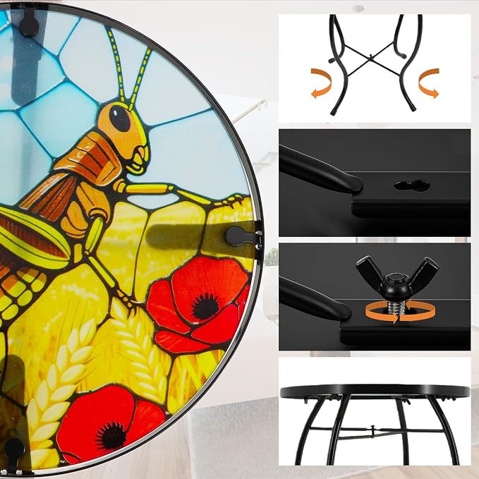 Small Side Table with Metal Frame, 10.5" Round Side Tables with Grasshopper Pattern,Outdoor Table for Balcony,Terrace,Garden,Living Room