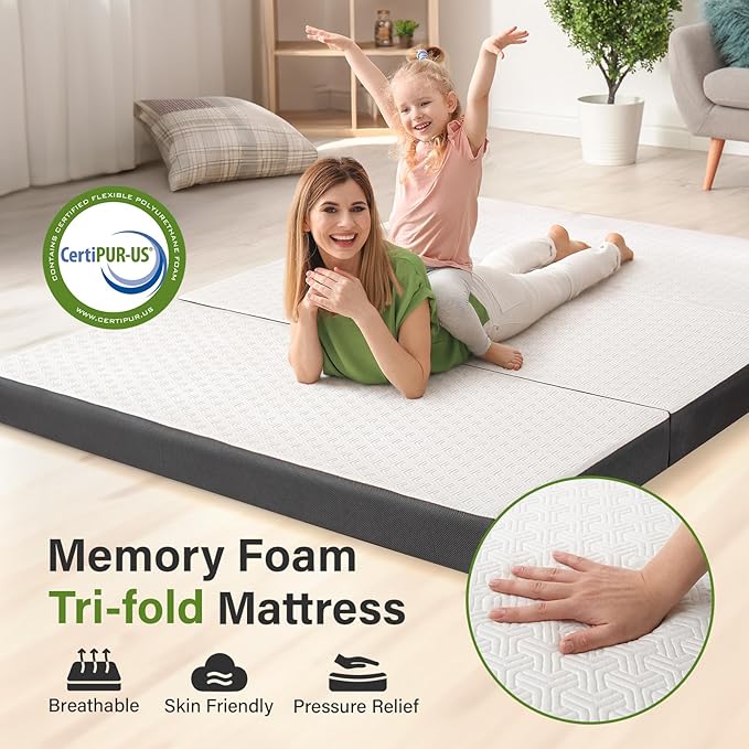 Folding Mattress 3in TwinXL Memory Foam Tri-Folding Mattress with Washable Cover Foldable Floor Mat for Guest Bed, Camping, Yoga, RV Travel, White (Size: 38" L x 80" W x 3" Th)
