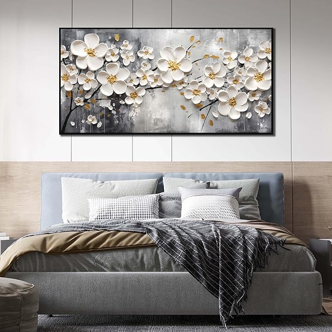 Flowers Canvas Wall Art for Bedroom - White Art Paintings for Wall Living Room - Framed Wall Art for Office Large Size 29" x 59"