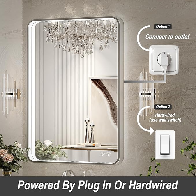 LED Bathroom Mirror with Lights, 24x32 Inch Brushed Silver Framed Lighted