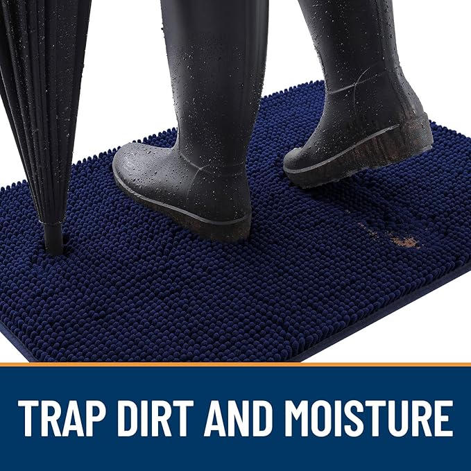 OLANLY Dog Door Mat for Muddy Paws 47x20, Absorbs Moisture and Dirt, Absorbent Non-Slip Washable Doormat, Quick Dry Chenille Mud Mat for Dogs, Entry Indoor Entryway Carpet for Inside Floor, Navy Blue