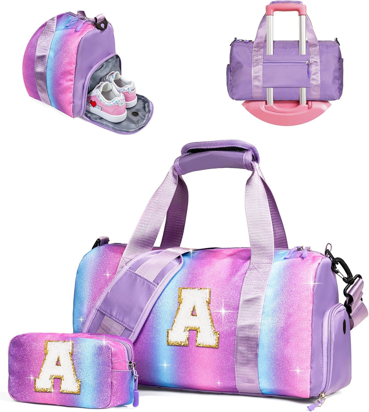 Skiennix Personalized Gym Bag for Girls - Stylish Weekender with Shoe Compartment & Makeup Pouch | Ages 4-11 (Letter A)