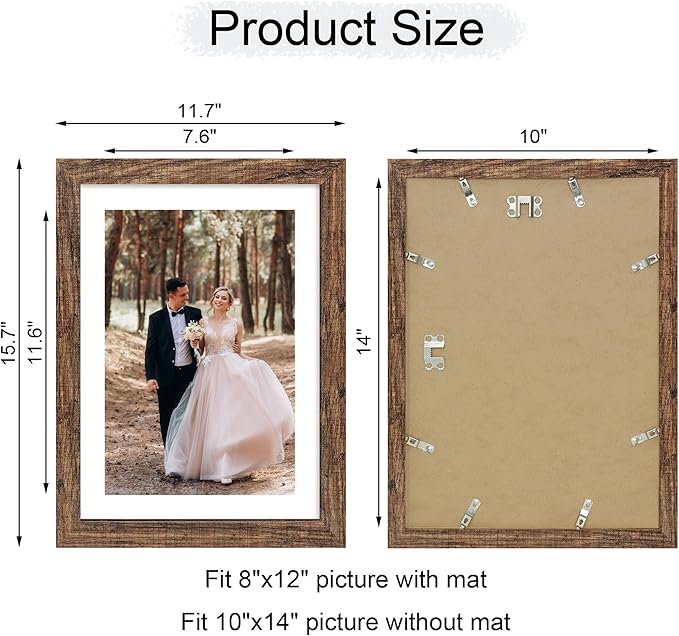 10x14 Picture Frame Set of 4 with Tempered Glass, Rustic Frame Display 8x12 Pictures with Mat or 10 x 14 Without Mat, Wooden Photo Frames for Wall Mounting