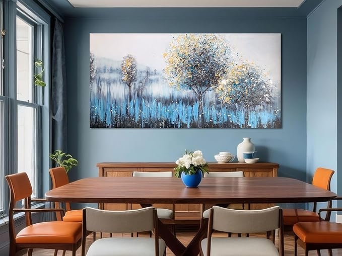 Arjun Tree Wall Art Canvas Teal Landscape Painting Blue Forest Textured Picture Modern Panoramic Abstract Nature Artwork Large Size Framed for Living Room Bedroom Bathroom Home Office Wall Decor