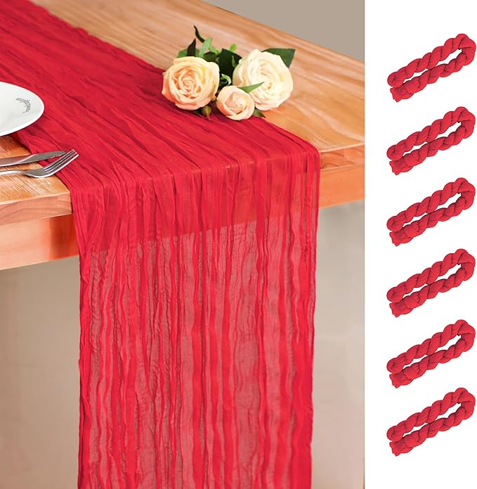 Snowkingdom 6 PCS Red Cheesecloth Table Runner 10 Ft, 120 inch Long Cheese Cloth Gauze Runners for Christmas Valentine Wedding Bridal Baby Shower Birthday Holiday Party Table Decorations
