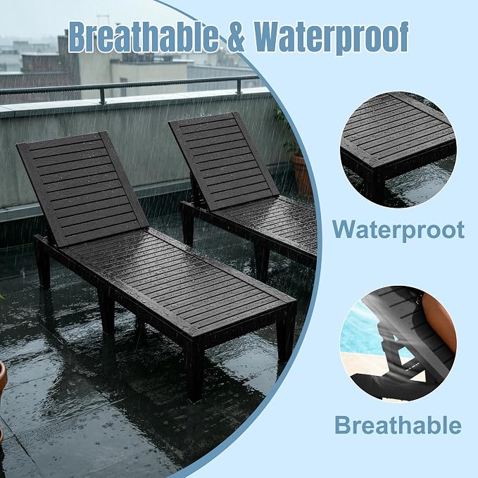 Lounge Chair Outdoor,Set of 2 All-Weather UV-Resistant & Waterproof Patio Lounge Chairs,High-Impact PP 5 Position Adjustable Tanning Chair,Heavy Duty Pool Lounge Chairs Great for Pool & Yard,Black