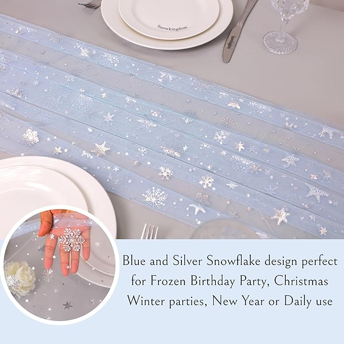 Snowkingdom Silver Snowflake Christmas Table Runner, 10ft Light Blue Silver Glitter Snowflakes Sheer Tulle Gauze Winter Table Runner for Seasonal Holidays, Wedding, Party, Home Dining Decoration