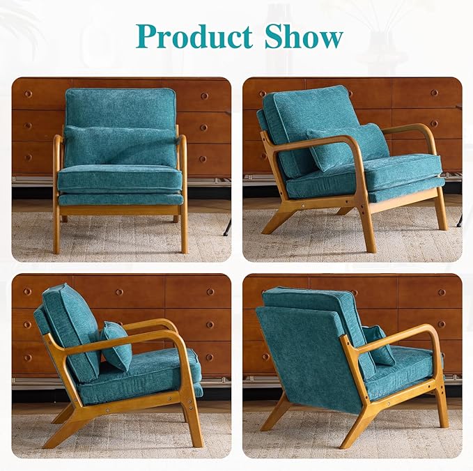 Karl home Mid Century Modern Accent Chair with Lumbar Pillow & Oak Arms – Plush Chenille Living Room Chair for Bedroom, Lounge (Teal)