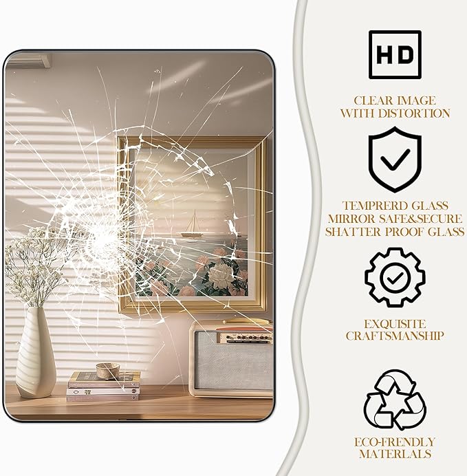 40×24 Black Bathroom Mirror, Rectangular Bathroom Vanity Mirror for Wall with Rounded Corners & Aluminum Alloy Frame, Tempered-Glass, Modern, Farmhouse, Horizontal/Vertical, Entryway, Bedroom