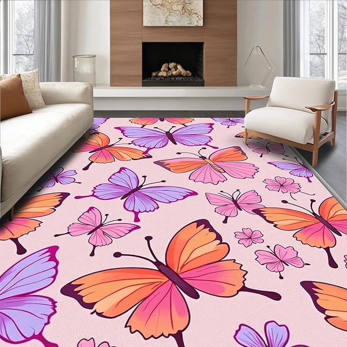 Flatwoven High Traffic Area Rug 3x5, Watercolor Garden Shower Curtain with Matching Bath Accessories, Non Slip, Stain Resistant, Washable Area Rugs for Living Room, Bedroom (Pink, 3x5)