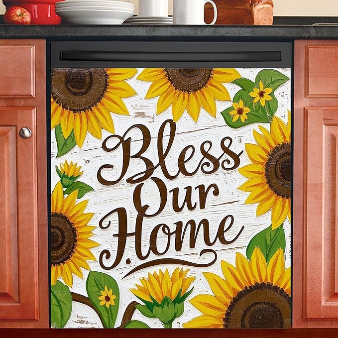 Dishwasher Magnet Cover 23x26 in Hand-Painted White Wood Sunflower Bless Our Home Typography Dishwasher Cover for Kitchen Appliance Decoration Front Panel Sticker Panel Home Decor Decal