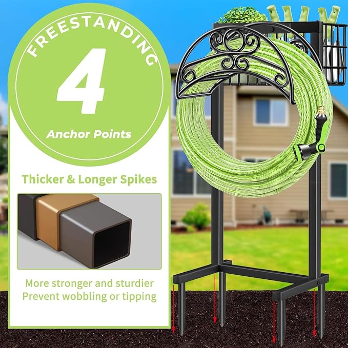 TomCare Garden Hose Holder Upgraded Water Hose Holder Heavy Duty 4 Spikes Hose Hanger Holds 160 Feet Hoses Stable Freestanding Hose Storage Organizer for Outside Yard