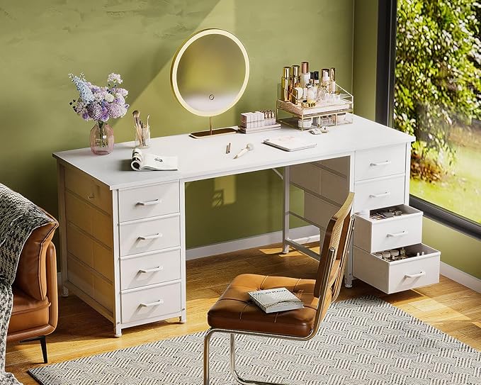 Casaottima 55 Inches Computer Desk with 8 Fabric Drawers, Modern Office Desk with Large Storage for Home Office, Study, White