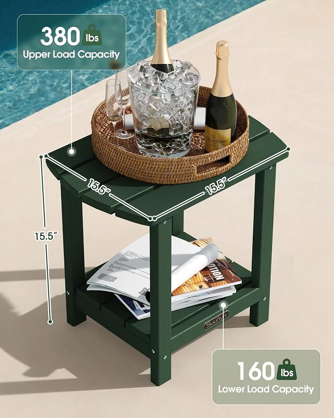 Outdoor Side Table, 2-Tier HDPE Small Outdoor Table, Adirondack Side Tables, Outside End Tables for Patio, Porch, Deck, Pool, Weather Resistant (Green)