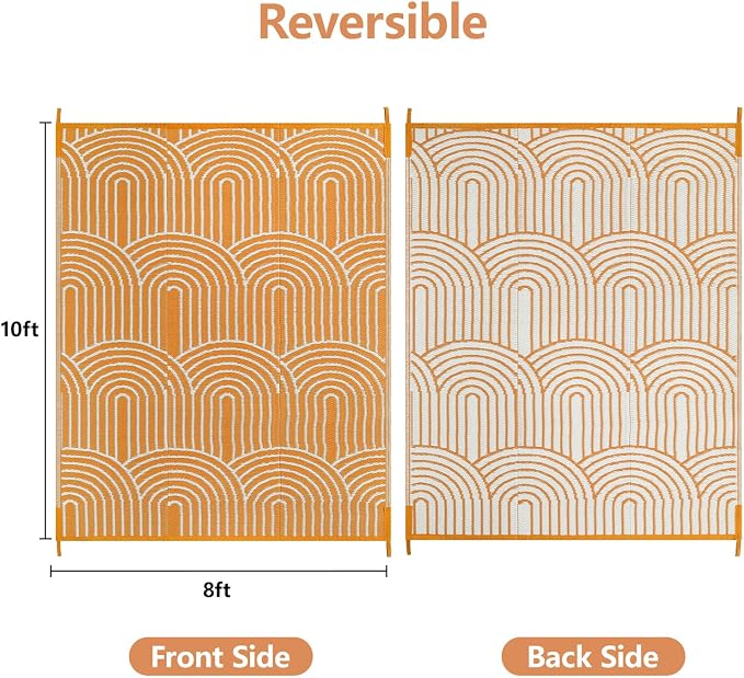 Anidaroel Rainbow Patio Rugs Outdoor 8’X10’ Waterproof, Reversible Camping Rug for Outside RV, Portable Plastic Straw Outdoor Area Rug for Backyard, Garden, Pool Deck (Orange, 8‘X10')