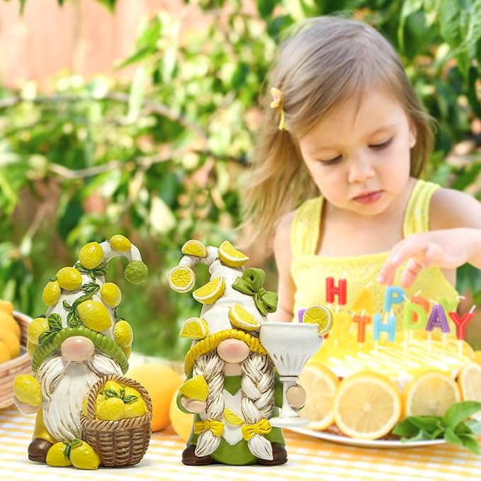 Hodao 2PCS Lemon Gnome Figurine Set - Lemon-Themed Gnome Indoor Home Decor for Summer - Small Decorative Gnomes for Kitchen, Living Room, or Shelf - Cute Ornament Set