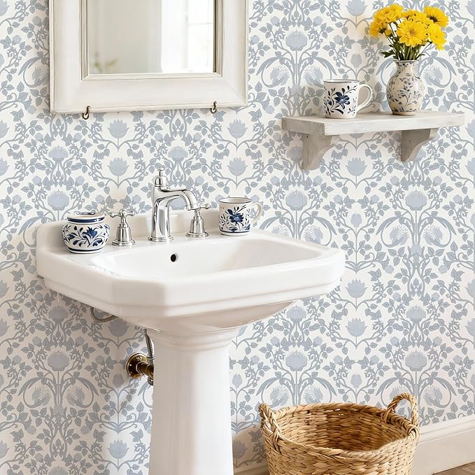 YXTII 17.3"×78.7" Blue Floral Peel and Stick Wallpaper, Damask Vintage Wallpaper