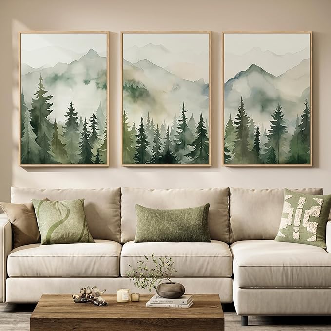 Large Framed Green Forest 3 Piece Wall Art for Living Room, Abstract Landscape Foggy Mountain Print Canvas Artwork for Walls, Modern Nordic Rustic Nature Wall Decor for Bedroom Home Office, 24x36 Inch