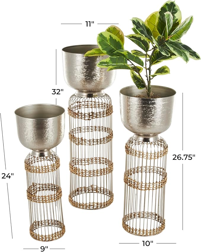 Deco 79 Metal Indoor Planter Textured Dome Large Planter Pot with Woven Seagrass and Caged Rod Pedestal Base, Set of 3 Planters 32", 27", 24" H, Silver
