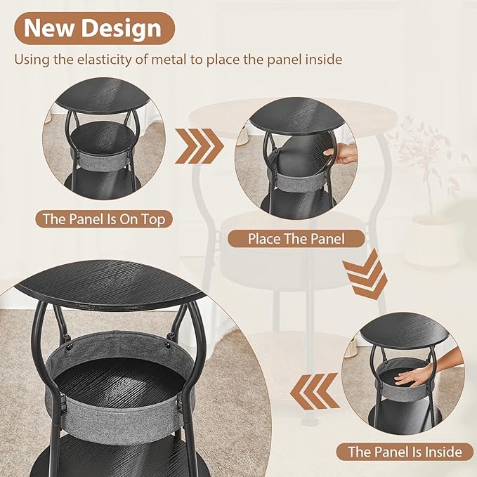 Small Round Side Table with Storage Bag, 3-Tier Accent Round End Table with Storage Shelves for Living Room, 21.6" H Vintage Small Corner Table for Smalls Spaces (D - 15.8 in Black)