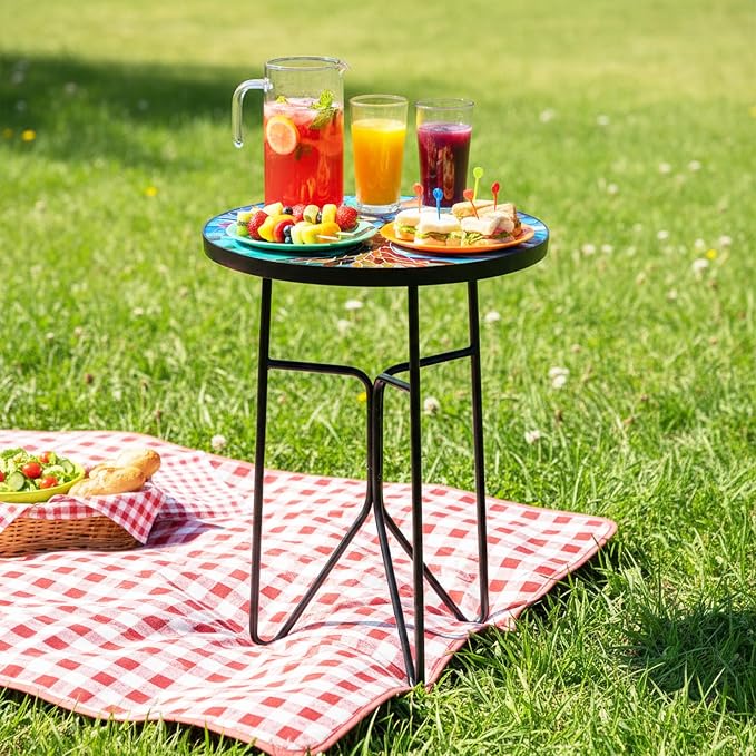 12 Inch Mosaic Colorful Tree of Life Patio Side Table, Small Round End Tables, Glass Plant Tables Indoor, Garden or Living Room Decor Afternoon Tea Dinner Table, Simple Assembly Cast Iron Plant Stand
