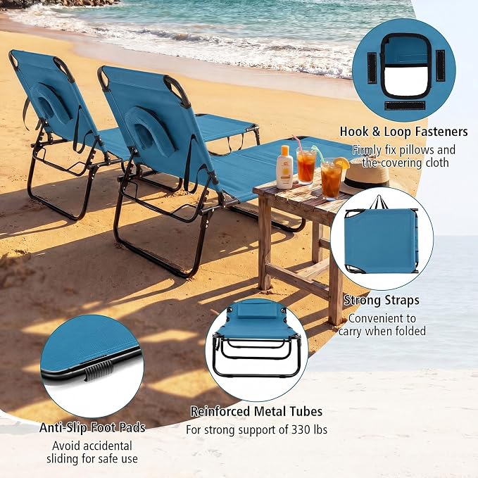 GYMAX Tanning Chair, Folding Lounge Chairs with Face Hole & Cover, Removable Pillow Carry Handle, Portable Compact Outdoor Layout Recliner for Beach, Poolside, Lawn, Patio, Camping (Blue,2)