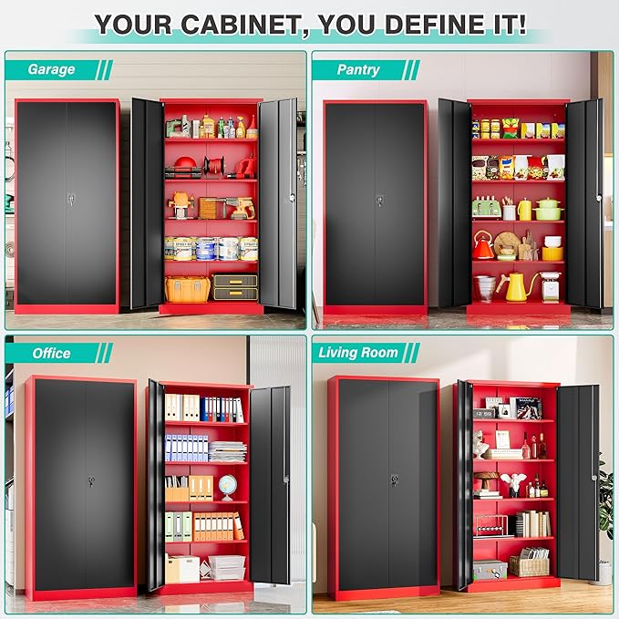 SISESOL Wide & Deep Metal Storage Cabinet with Lock & Adjustable Shelves,72" Red Black Garage Storage Cabinet with Locking Doors,Lockable Cabinets for Home,Office,Shop,Garage,Basement 72x36x18