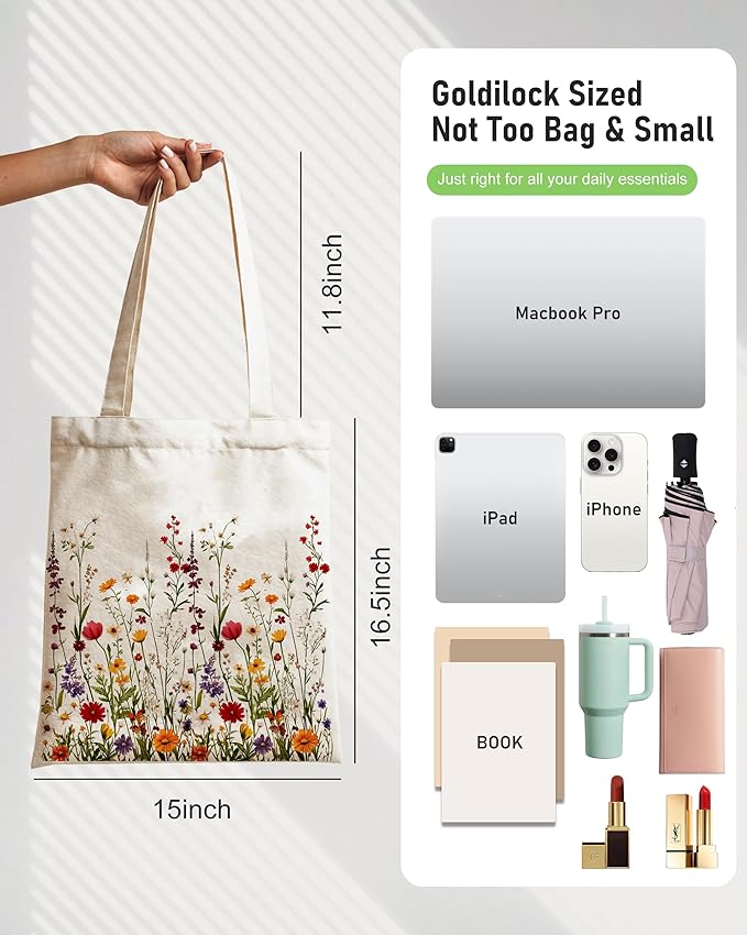 Double-Sided Canvas Tote Bag for Women with Magnetic Snap, Wide Strap & Inner Pocket for Work, Shopping, Travel