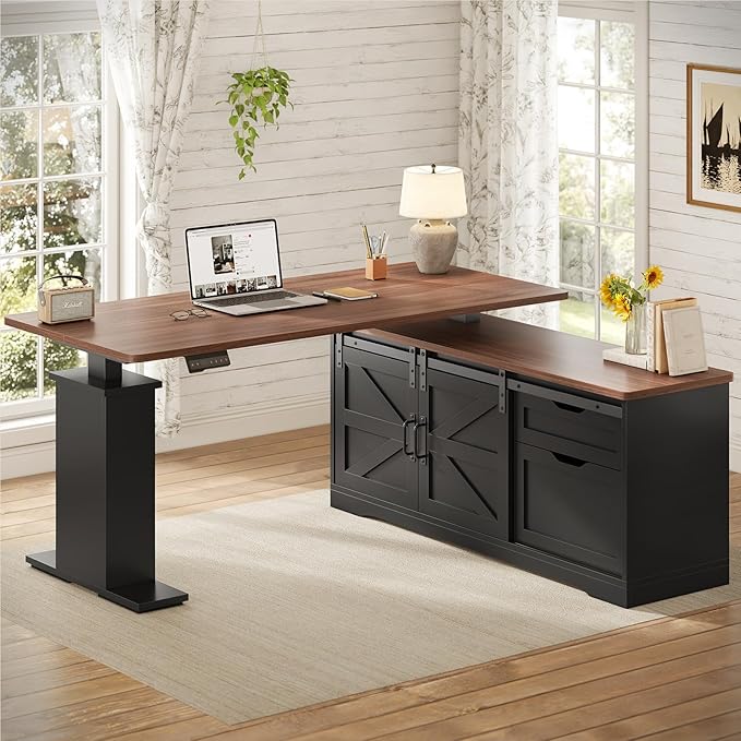 SEDETA Farmhouse L Shaped Standing Desk, 55 inch Height Adjustable Corner Desk with Storage Drawers, Standing Computer Desks with Power Outlets for Home Office, Black