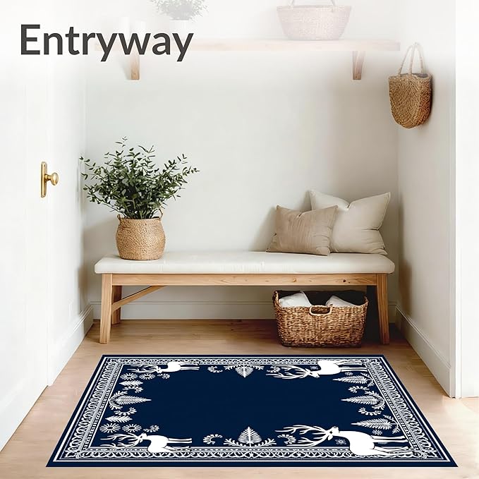 Flatwoven High Traffic Area Rug 2x3, Enchanted Forest December Shower Curtain Full Restroom Kit, Non Slip, Stain Resistant, Washable Area Rugs for Living Room, Bedroom (Blue, 2x3)