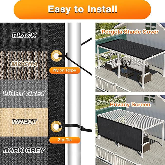 Artpuch Outdoor Pergola Shade Cover 8x8 FT Sun Shade Cloth with Grommets Black 90% UV Protection Canopy Patio Privacy Screen (Customized Available)