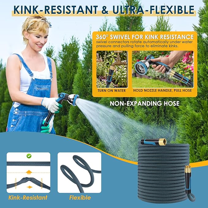 Non-Expandable Garden Hose 50 FT, Lightweight Hose with 10 Function Spray Nozzle, Kink-Free Flexible Water Hose, Durable, Leak-Proof, 360° Swivel Connectors, Portable Storage Strap