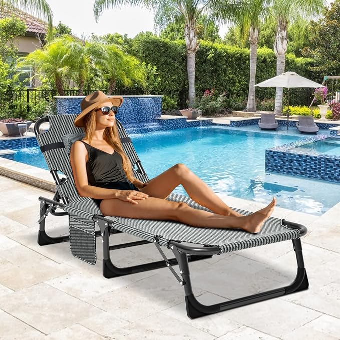 DoCred Folding Lounge Chair, 5 Position Adjustable Folding Sleeping Bed Cot Chaise Lounge Chairs Perfect for Sunbathing, Camping, Pool, Beach, Patio