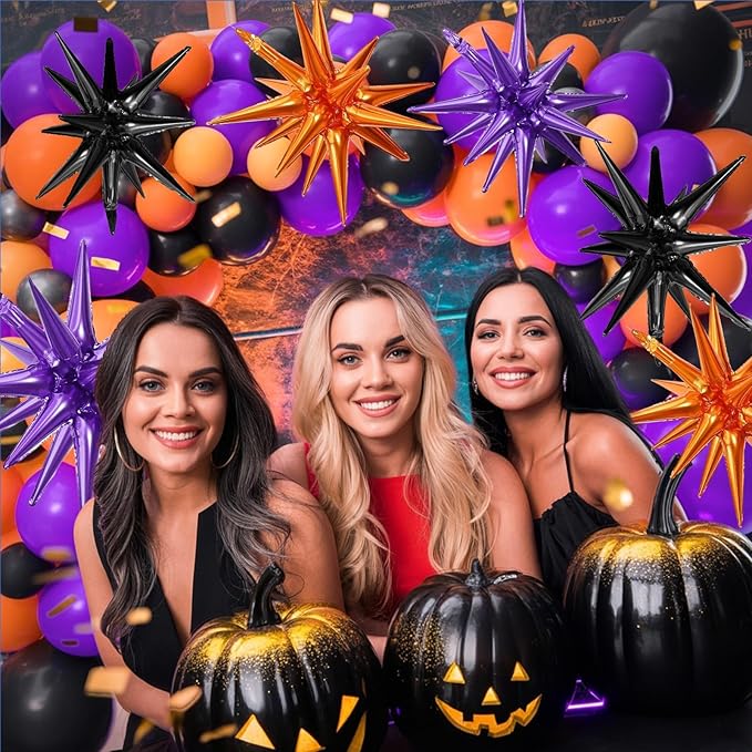 Black Purple Orange Star Balloons,9Pcs 22Inch Black Orange Purple Explosion Spike Cone Helium Polyester Film Star Foil Balloons for Halloween Birthday Baby Shower Party Decorations