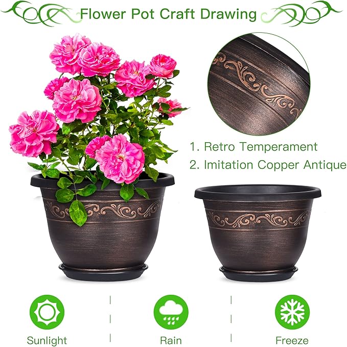 Plastic-Plant-Flower-Planters-8 Inch with Drainage Hole & Saucer, 6 Packs Lightweight Small Resin Flower Pot Indoor Outdoor, Retro Antique Imitation Decorative Garden Containers Sets for Houseplants