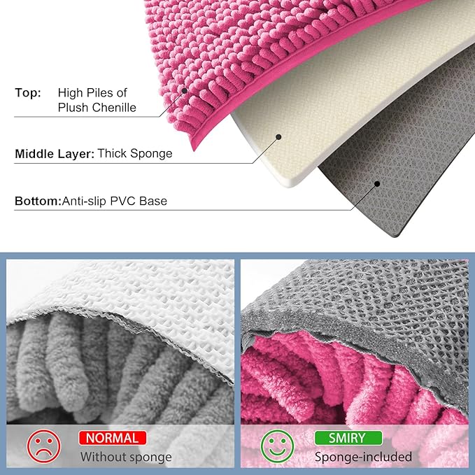 Smiry Luxury Chenille Bathroom Rugs 47x24, Extra Soft and Absorbent Shaggy Bath Mat, Machine Washable, Non-Slip Plush Carpet Runner for Tub, Shower, and Floor, Home Decor Accessories, Hot Pink