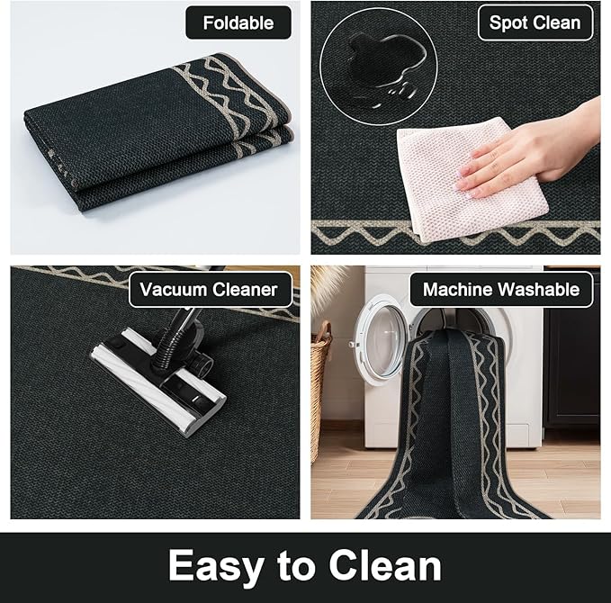 OJIA Easy Jute Washable Rugs 8x10, Large Outdoor Patio Rug Washable Living Room Rug Farmhouse Indoor Outdoor Carpet Wavy Border Modern Non-Slip Black Rugs for Bedroom Backyard Deck Decor