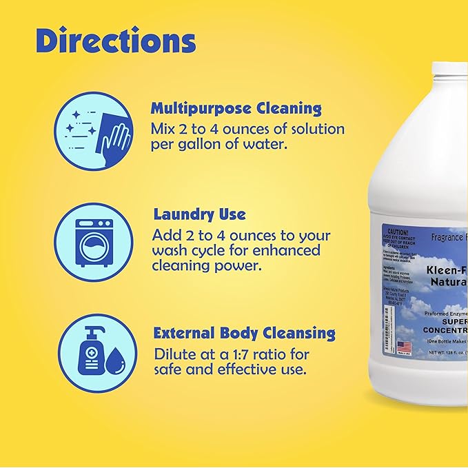 Kleen Free Naturally Enzyme Cleaner, Enzyme Solution, and Multi-Purpose Cleaner, Laundry Additive and More (Unscented, 128oz)