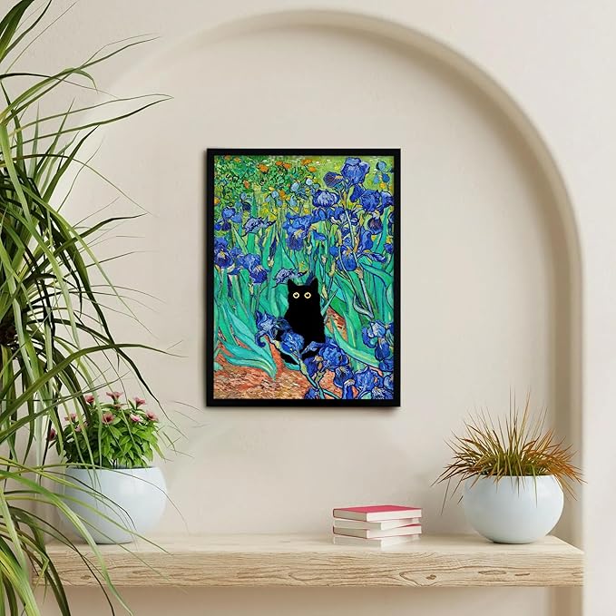 Krtoni Framed Van Gogh Irises Canvas Wall Art, Famous Oil Paintings Garden Flower Black Cat Wall Decor, Impressionism Funny Vintage Print Artwork For Farmhouse Gallery Bathroom 16''L x 12''W