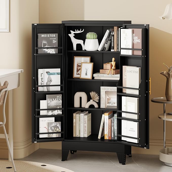 Metal Kitchen Pantry Cabinet, Storage Cabinets with 2 Door and 3 Adjustable Shelves, Black Freestanding Food Storage Cabinet, Steel Cupboard for Kitchen Dinning Room