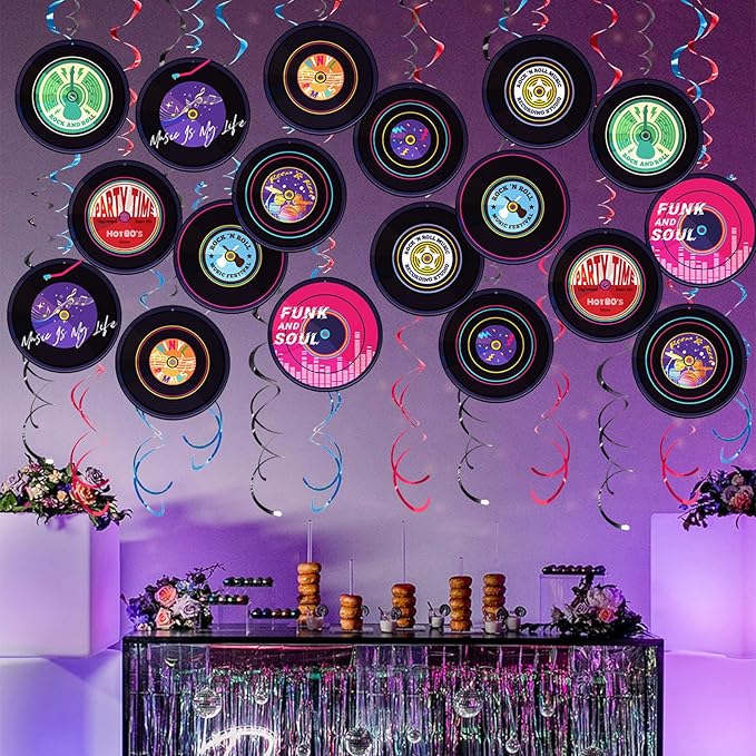 Rock and Roll Record Party Hanging Swirls, 48 Pcs, Music Theme Disco Party Decorations, Vinyl Record Design for 90s Or 50s Style Rock Music Dj Party Supplies, Black and Multicolor