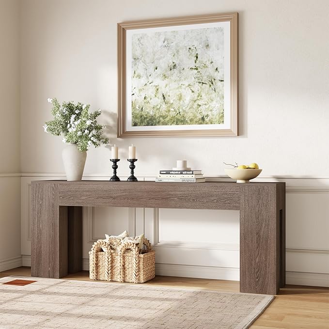 Extra Long Sofa Console Table for Entryway Living Room, 79-Inch Farmhouse Wood Behind Couch Table, Rectangular Accent Console with Wooden Double Base for Hallway Foyer Entrance, Light Brown