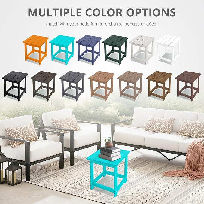 LZRS Square Patio Side Table, Heavy Duty HDPE Outdoor End Table with Wood Texture, Weatherproof Composite Table for Adirondack Chairs, Deck, Pool, Indoor/Outdoor, No Peeling or Cracking(Turquoise)