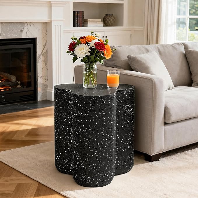 18" Modern Outdoor Side Table, Durable Lightweight MGO Faux Terrazzo Patio Accent Table, Black Coffee Table, 3-in-1 Weatherproof End Table Garden Stool for Garden, Balcony, Poolside Decor