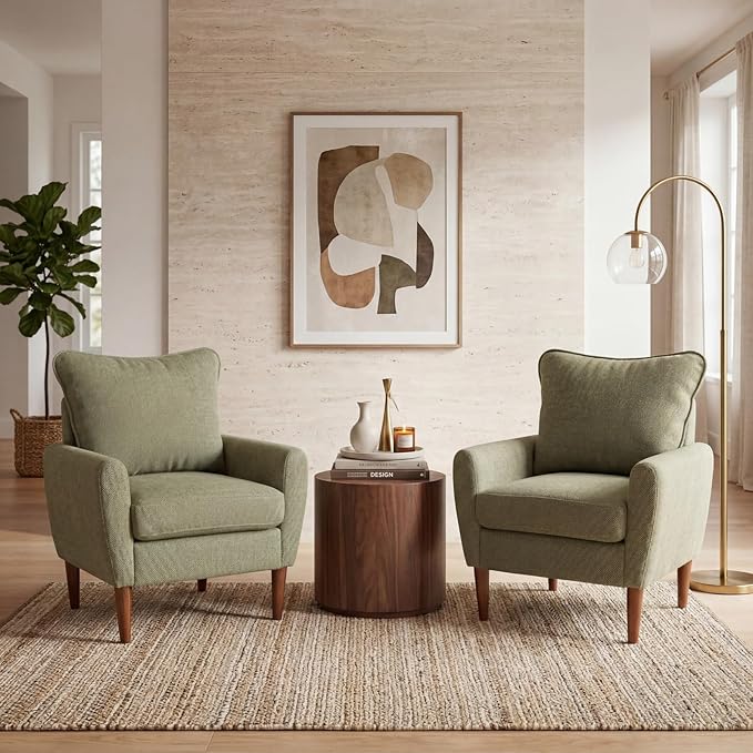 OLIXIS Comfy Accent Chair for Living Room Bedroom and Waiting Room, Upholstered Mid-Century Reading Chair with Pillow and Solid Wood Legs, Wide Singe Modern Lounge Sofa (Green, 2 Pack)